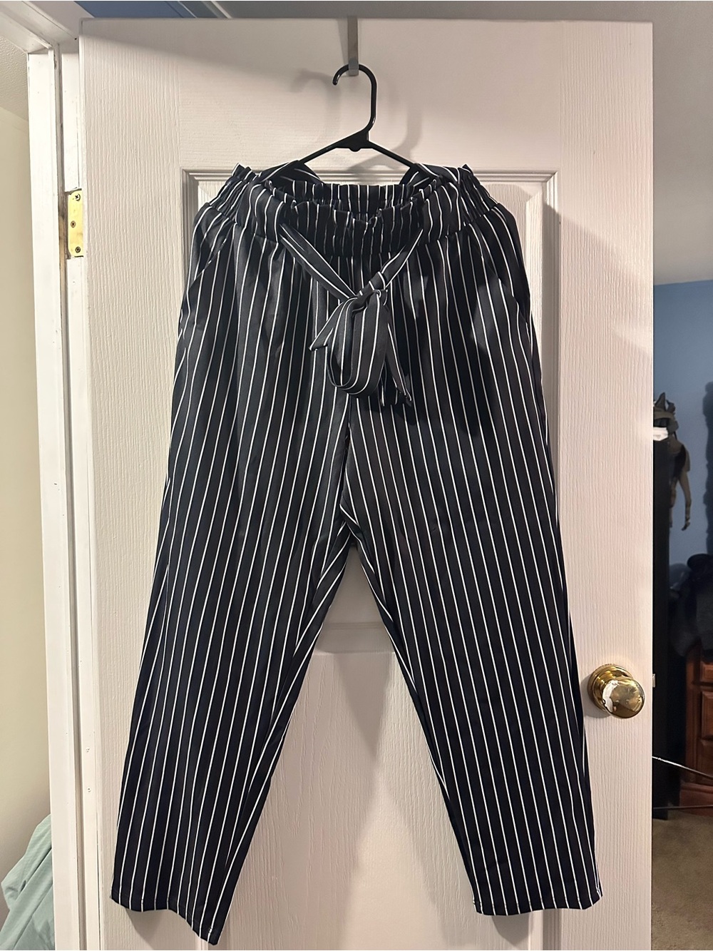 Grace Karin Black and White Pinstripe Paperbag Waist Pants - Picture 1 of 3